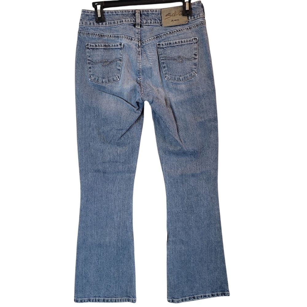 Y2K Silver Low Rise Flare Medium Wash Denim Jeans Pants - Picture 4 of 9